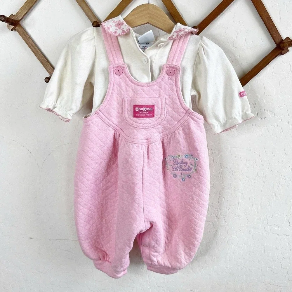 Vintage OshKosh B'gosh Baby Floral Overalls Pink Bubble Romper & Shirt